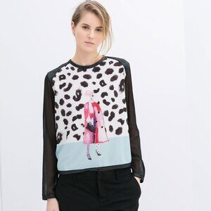 Zara Sheer Cheetah Pullover Aqua Top EUC L
